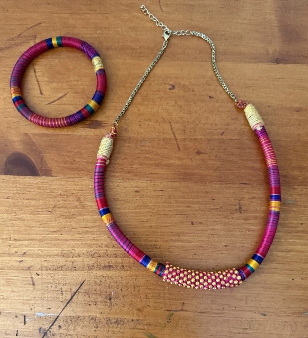 Handmade Boho Ethnic Necklace Bracelet Set Colorful Thread Wrapped Jewelry